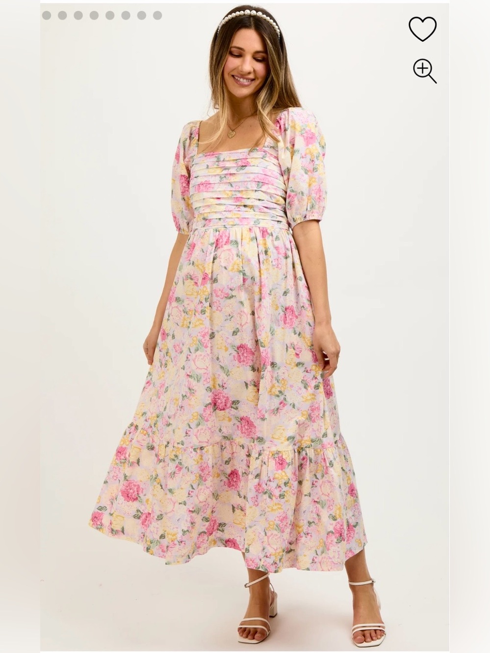 Lavender Floral Pleated Puff Sleeve Maternity Midi Dress